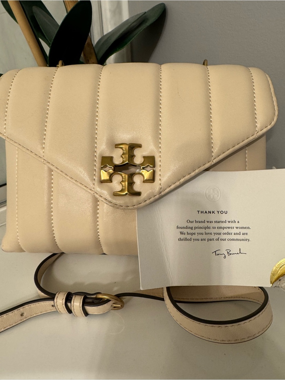 Tory Burch Cream Quilted Leather Crossbody/Satchel with Gold Logo